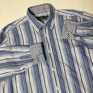 Bugatchi Mens XL Long Sleeve Shirt Blue Stripe 100% Cotton Classic fit Flip cuff